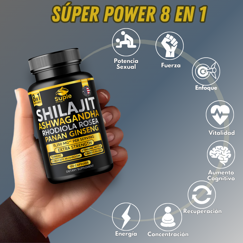 Super Power 8 en 1 (Shilajit + Ashwagandha + Rhodiola Rosea + Panax + Ginseng y más)